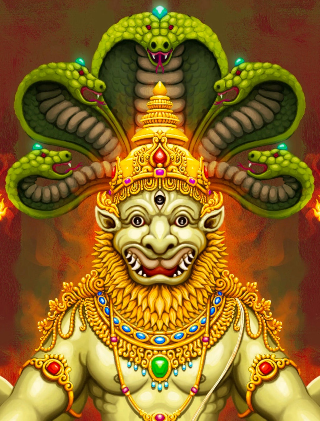 A colorful digital painting of a Hindu deity seated cross-legged on a large green snake, with a multi-headed cobra behind him, holding ornate gold objects and a blue gem against a red and brown background.