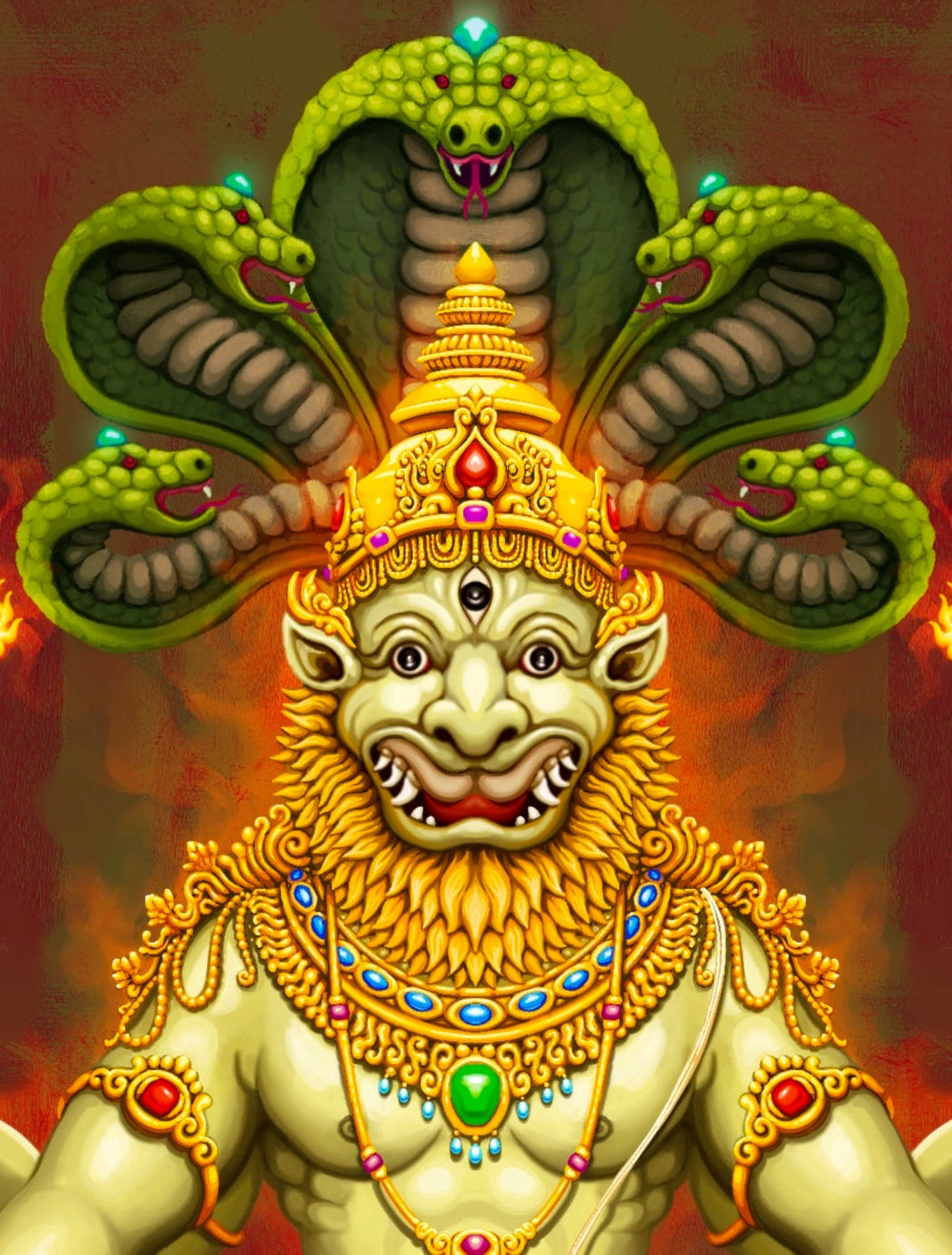 A colorful digital painting of a Hindu deity seated cross-legged on a large green snake, with a multi-headed cobra behind him, holding ornate gold objects and a blue gem against a red and brown background.