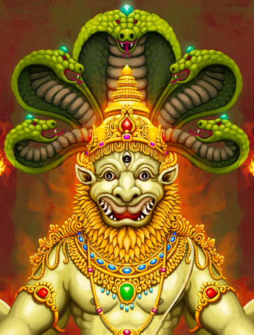 A colorful digital painting of a Hindu deity seated cross-legged on a large green snake, with a multi-headed cobra behind him, holding ornate gold objects and a blue gem against a red and brown background.